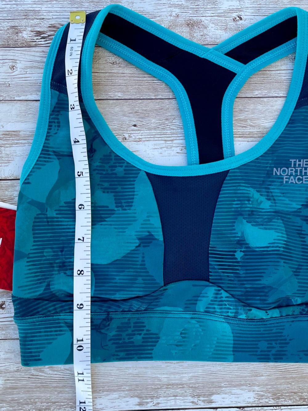 NEW North Face Stow-n-Go Phone Pocket Botanical Tropical Teal Blue Sports Bra XS - Picture 7 of 15
